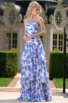 Colors Dress 3888 in Blue floral print with strapless neckline and flowing tiered skirt.
