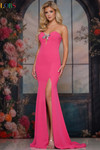 Colors Dress 3889 in Hot Pink with crystal-embellished bow keyhole and thigh-high slit.