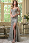 Colors Dress 3891 in Silver with corset bodice, asymmetrical waist detail, and beaded mesh skirt.