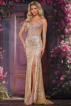 Colors Dress 3891 in Gold with all-over beading, plunging sweetheart neckline, and thigh-high slit.