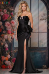 Colors Dress 3903 in Black with beaded illusion neckline and dramatic waist bow detail.