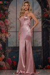 Colors Dress 3906 in Rose Gold with a plunging sweetheart neckline, heat-stone corset bodice, and thigh-high slit.