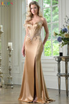 Colors Dress 3908 in Gold with a sweetheart neckline, beaded appliqué details, and strappy open back.