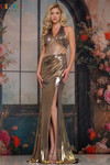 Colors Dress 3909 in Gold with heat-stone embellished halter bodice, ruched skirt, and thigh-high slit.