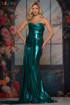 Colors Dress 3910 in Jade with a liquid metallic finish, embellished bustline detail, and fitted skirt with slit.