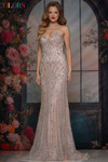 Colors Dress 3912 in Nude with all-over beading, glitter mesh underlay, and sweetheart neckline.