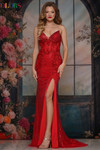 Colors Dress 3913 in Red with a strapless cat-eye neckline, sheer corset bodice, and dramatic high slit.
