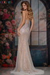Colors Dress 3917 in Champagne back view showing mid-open back and geometric beadwork pattern.