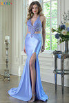 Colors Dress 3918 in Peri with plunging halter neckline, ruched waist, and satin jersey skirt.