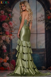 Colors Dress 3925 in Sage back view showing lace-up back and dramatic tiered ruffle skirt.