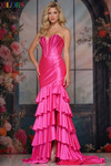 Colors Dress 3925 in Hot Pink with sweetheart neckline, metallic jersey fabric, and layered ruffles.