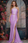 Colors Dress 3926 in Lavender with sparkling rosette shoulder accent and sleek fit-and-flare silhouette.