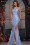 Colors Dress 3926 in Peri with heat-stone rosette accent, high halter neckline, and thigh-high slit.