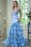 Colors Dress 3928 in Blue with a strapless corset bodice, floral organza fabric, and statement ruffle skirt.