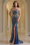 Colors Dress 3929 in Teal with striking linear stone tape embellishments and dramatic front slit.