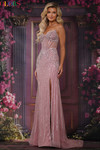 Colors Dress 3929 in Mauve with vertical beading pattern, corset bodice, and fitted silhouette.
