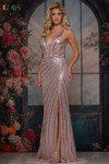 Colors Dress 3930 in Rose Gold with a plunging V-neckline, fully beaded mesh, and thigh-high slit.