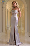 Colors Dress 3932 in Silver with embellished satin corset bodice, fitted flare skirt, and sleek slit.