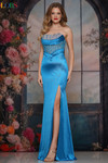 Colors Dress 3932 in Teal with a strapless scoop neckline, beaded corset bodice, and dramatic high slit.