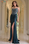 Colors Dress 3933 in Teal with sparkling corset bodice, thigh-high slit, and asymmetrical sash accent.