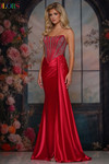 Colors Dress 3933 in Red with sheer beaded bodice, scoop neckline, and elegant front sash detail.