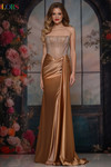 Colors Dress 3933 in Dark Nude with beaded corset bodice, exposed boning, and dramatic side sash.