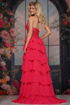 Colors Dress 3934 in Watermelon with a flowing A-line silhouette, chiffon ruffles, and mid-open zipper back.