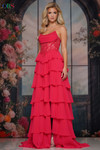 Colors Dress 3934 in Watermelon with a strapless scoop neckline, beaded corset bodice, and tiered ruffle skirt.