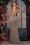 Colors Dress 3935 in Mink back view showing dramatic open low back and fitted silhouette.
