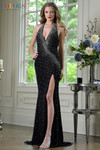 Colors Dress 3935 in Black with scattered crystal beading, halter neckline, and elegant front slit.