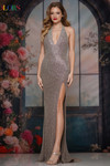 Colors Dress 3935 in Mink with all-over beading, plunging halter neckline, and thigh-high slit.