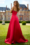 Sherri Hill 56991 in Red showcasing the full A-line satin skirt with dramatic sweep train from the back.