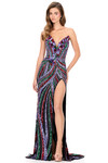 Ashley Lauren 11236 in Multi/Black with rainbow sequin pattern and dramatic slit.