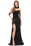Ashley Lauren 11598 in Black with pearl crystal embellishments and off-the-shoulder straps.
