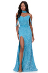 Ashley Lauren 11598 in Sky with full beading, scoop neckline, and dramatic slit.