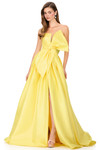 Ashley Lauren 11609 in Yellow with asymmetrical oversized bow and wrap skirt.