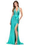 Ashley Lauren 12064 in Aqua with a plunging halter neckline and bold front bow detail.