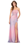 Ashley Lauren 12067 in Pink with ombre gradient, corset bodice, and thigh-high slit.
