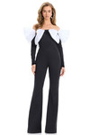 Ashley Lauren 12090 in Black/Ivory with contrasting organza bows and structured flared-leg jumpsuit.