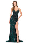 Ashley Lauren 12149 in Nebula Green featuring radiant beadwork and high slit.