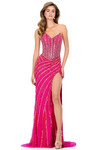 Ashley Lauren 12150 in Electric Pink with contoured beadwork and dramatic high slit.