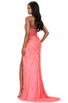 Ashley Lauren 12150 in Orange/Raspberry with fully beaded mesh, thigh-high slit, and fitted silhouette.