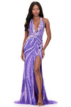 Ashley Lauren 12151 in Orchid with swirl beading, plunging halter neckline, and thigh-high slit.