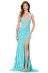 Ashley Lauren 12151 in Aqua featuring body-contouring beadwork and plunging V-neckline.