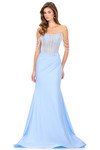 Ashley Lauren 12154 in Sky with structured corset bodice and flowing fit-and-flare silhouette.