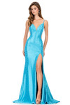 Ashley Lauren 12155 in Turquoise featuring beaded jersey fabric and spaghetti straps.