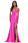 Ashley Lauren 12155 in Fuchsia with all-over beading and thigh-high slit.