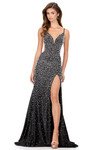 Ashley Lauren 12155 in Black with ombre beading, V-neckline, and side cutouts.