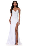 Ashley Lauren 12181 in White with silver-toned stones and pearls and fitted silhouette.