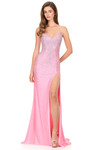 Ashley Lauren 12181 in Pink with sparkling stone and pearl embellishments and high slit.